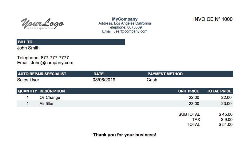 Example of printed auto shop invoice